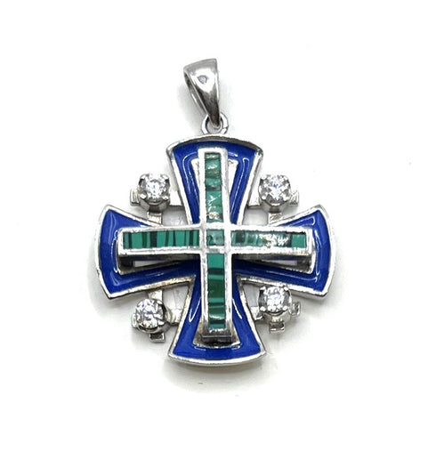 Sterling Silver Enamel with Opal Jerusalem Cross Pendant